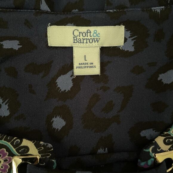 Croft & Barrow Boho Tunic Top Keyhole Neck 3/4 Sleeve Blue Leopard Print Large - Picture 9 of 10